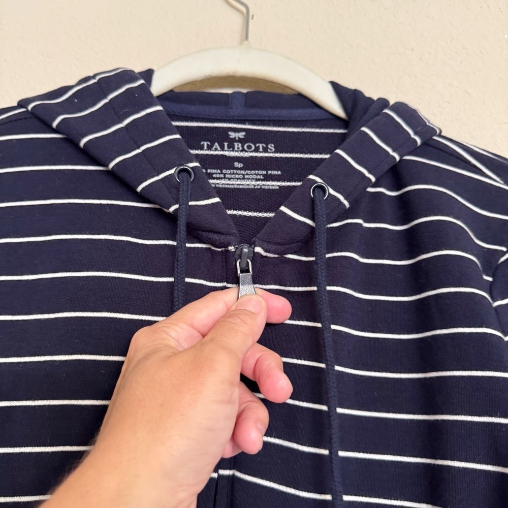 Talbots Nautical Navy White Striped L/S Sweater Top Prima Cotton Hooded Size SP